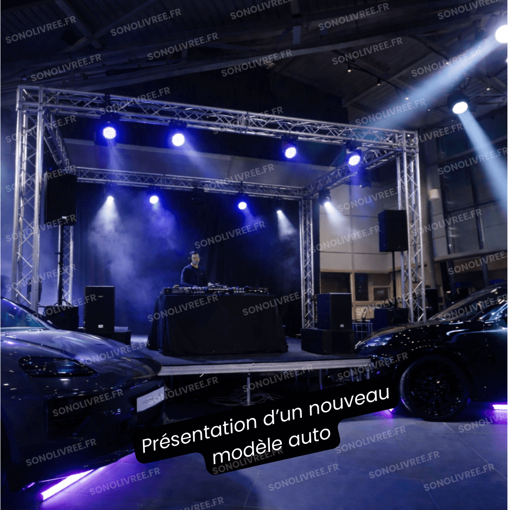 Sonorisation, éclairage et scène pour présentation de nouveau modèle automobile en Alsace